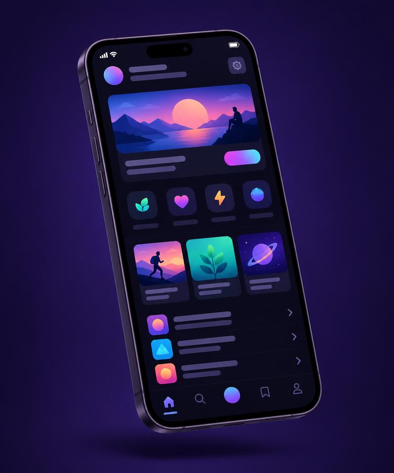 Phone showing a dark app screen with illustrated sunset cards and gradient icons