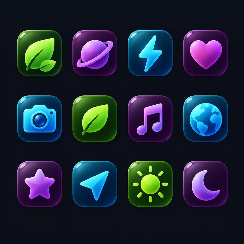 Grid of twelve glossy app icons: leaf, planet, bolt, heart, camera, globe, star, moon