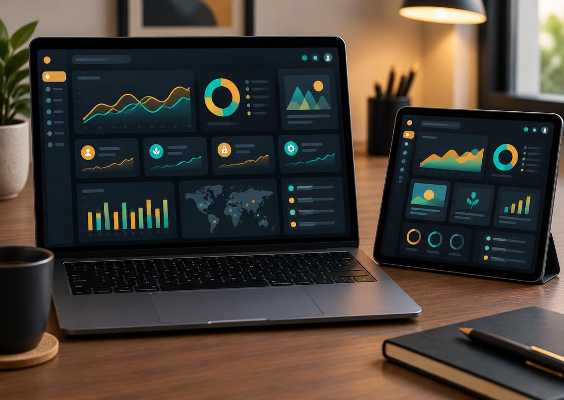 Laptop and tablet showing a dark dashboard with amber and teal charts