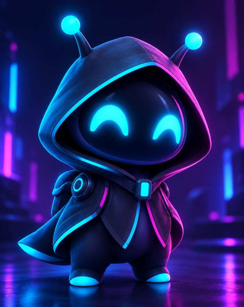Hooded little creature mascot with glowing cyan smiling eyes and antennae on a neon city street