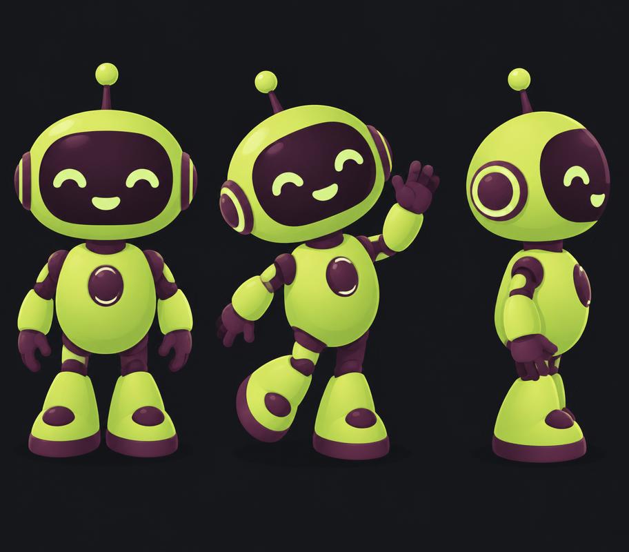 Character sheet of a lime and plum robot in three poses, front, waving and side