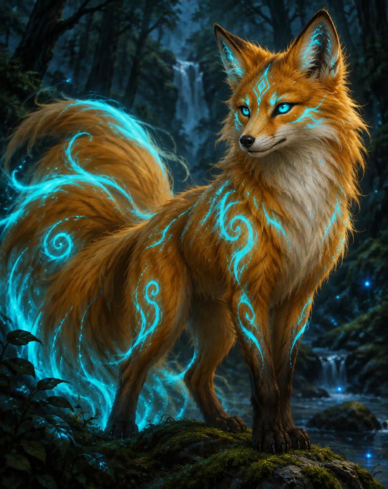 Amber fox spirit with glowing cyan swirl markings standing in a dark forest