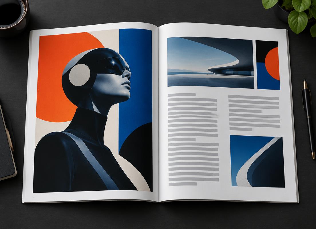 Magazine spread with a futuristic visor portrait in orange and blue blocks beside architecture photos