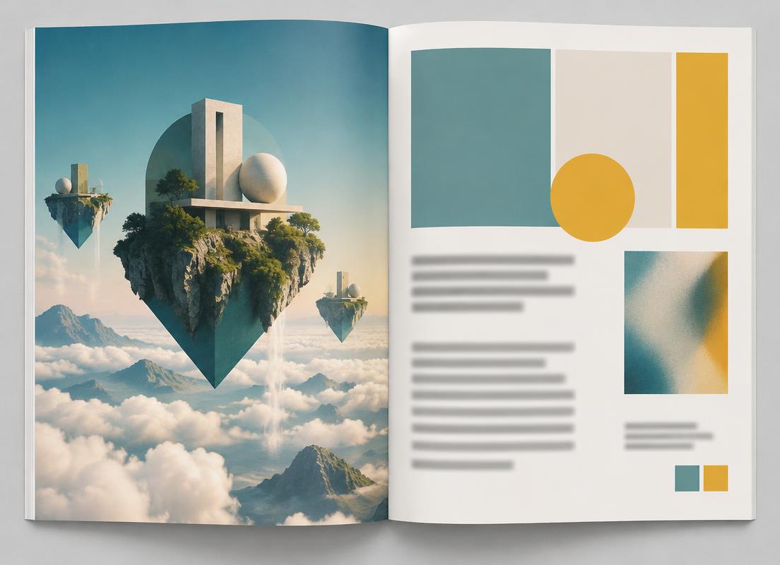 Spread with floating rock islands above clouds and a page of teal and yellow color blocks