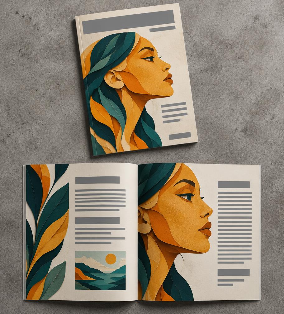 Magazine cover and spread with a paper cut profile portrait in amber and teal