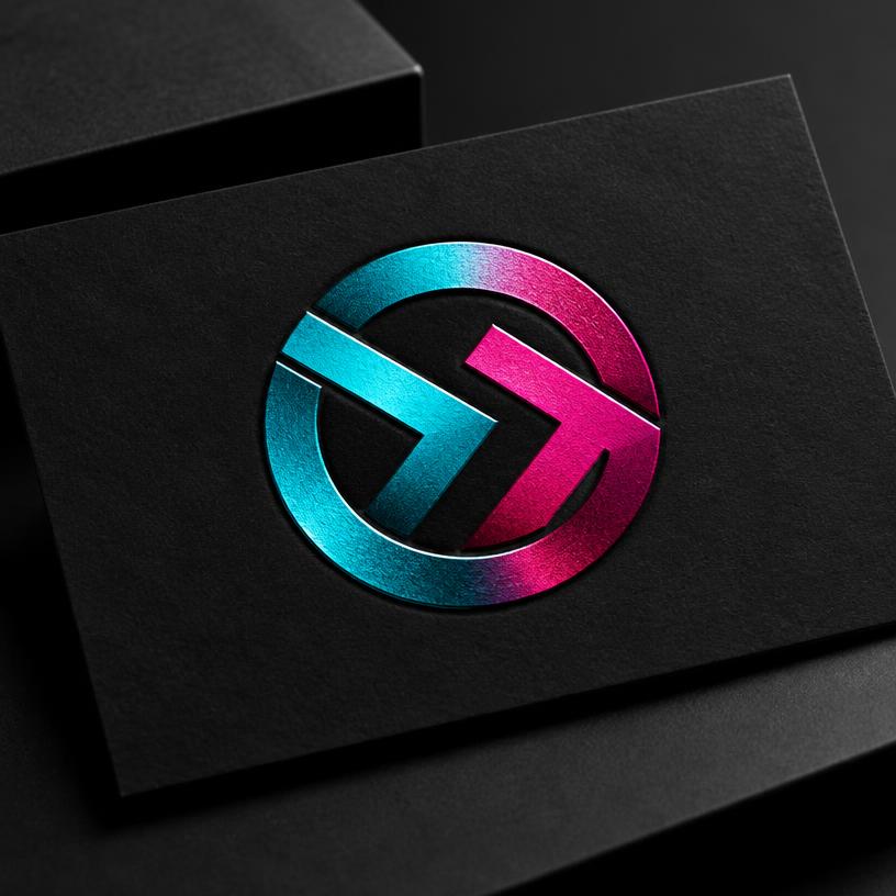 Ring and chevron logo mark in cyan to magenta foil pressed into a black business card
