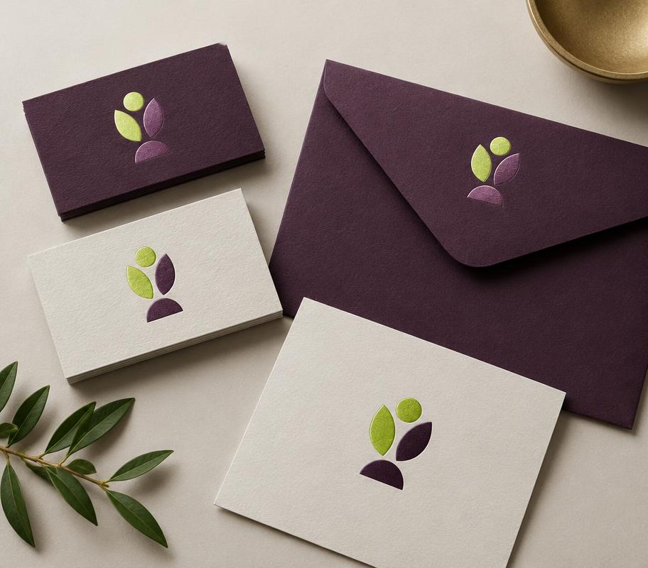 Leaf and dot emblem foil stamped on plum and cream stationery with an olive sprig