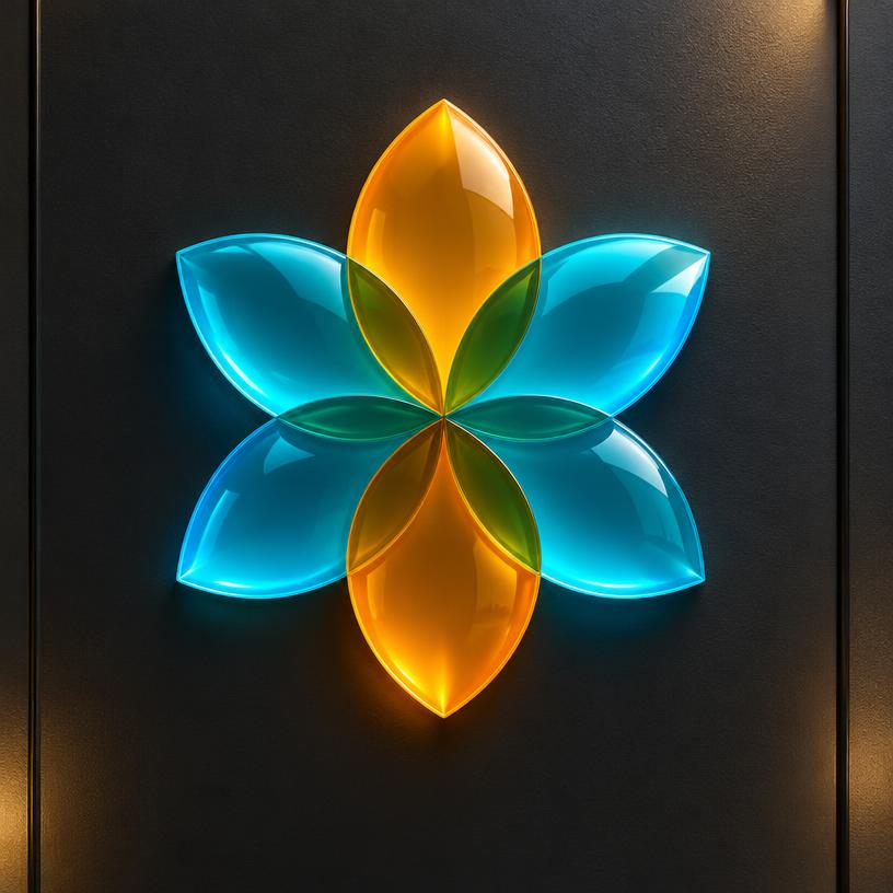 Six petal glass logo mark in amber and cyan mounted on a dark wall