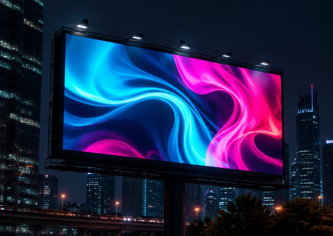 Night billboard over a city skyline showing flowing cyan and magenta abstract waves