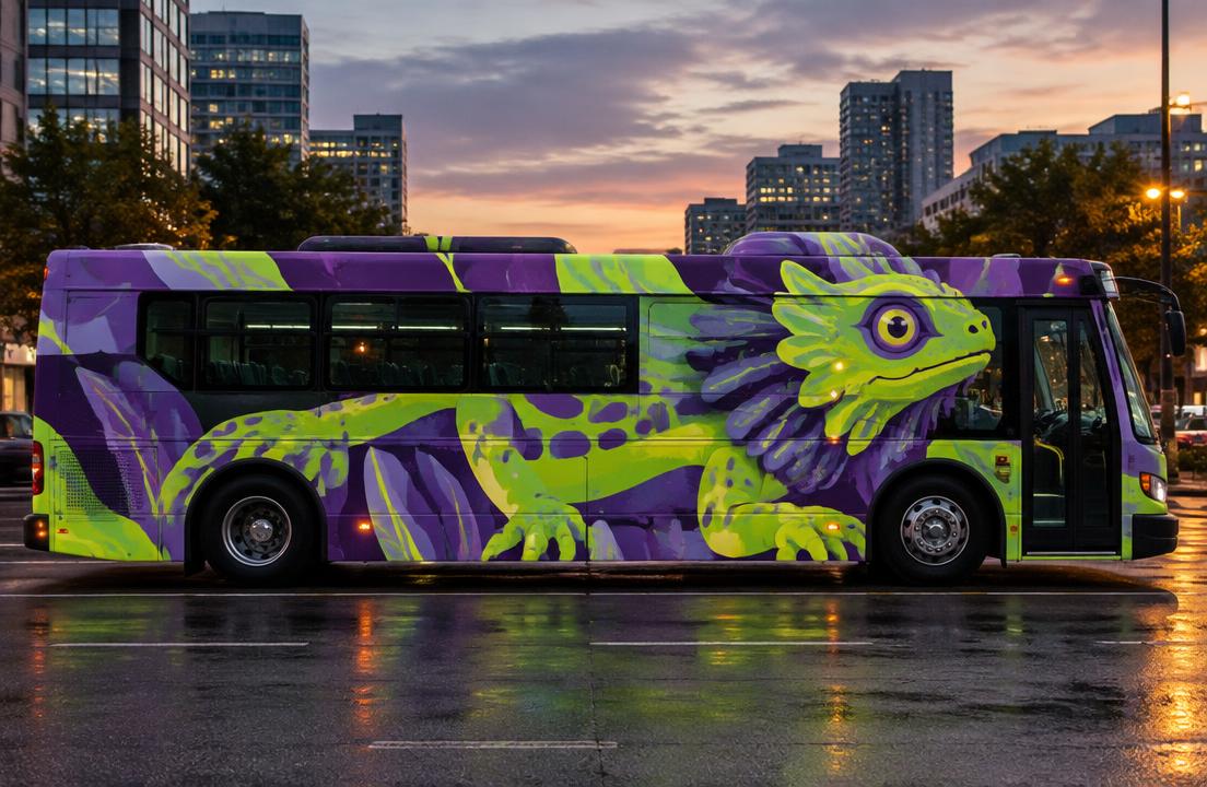 City bus wrapped in a lime green lizard illustration on purple leaves at dusk