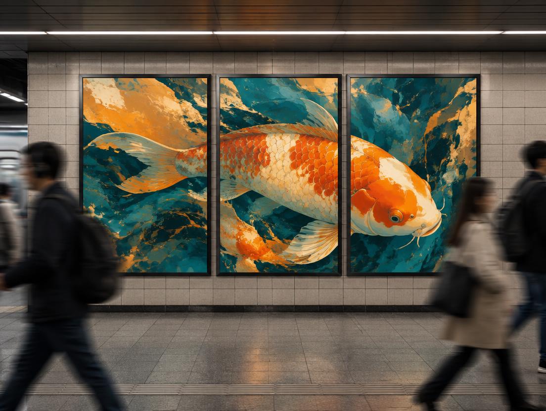 Three panel subway poster of a giant orange koi in teal water with commuters passing