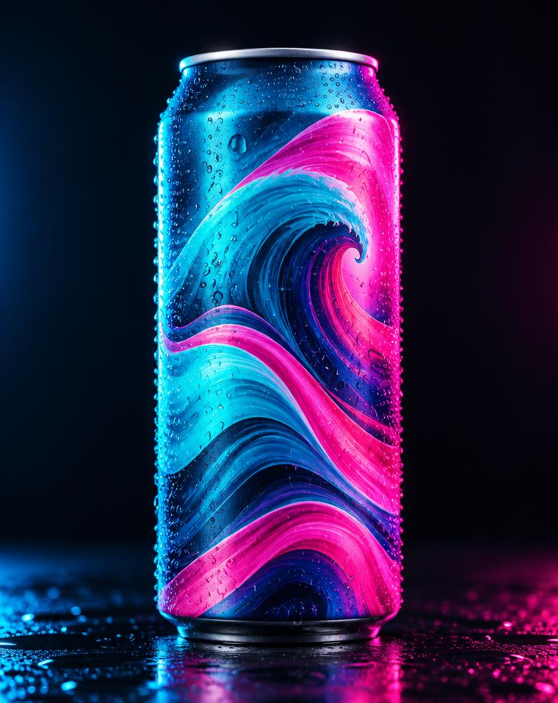 Drink can wrapped in a painted cyan and pink wave pattern, covered in condensation