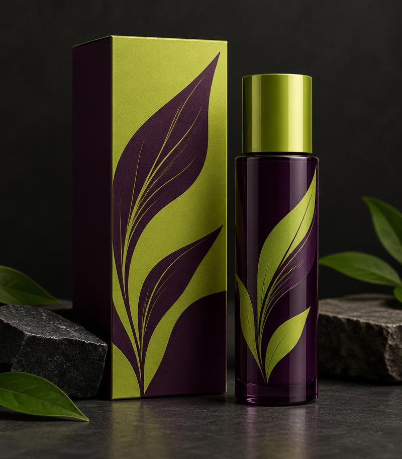 Lime and plum box with matching bottle printed with large stylised leaves