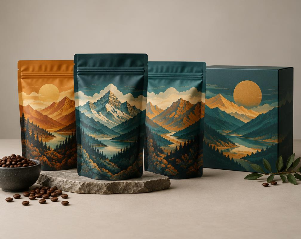 Coffee pouches and gift box illustrated with amber and teal mountain landscapes