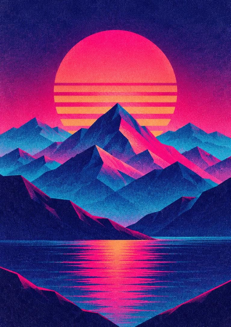 Grainy poster of a striped pink sun setting behind blue mountains reflected in a lake
