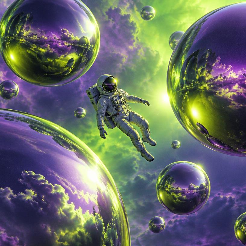 Cover art of an astronaut drifting between chrome spheres in a lime and violet sky