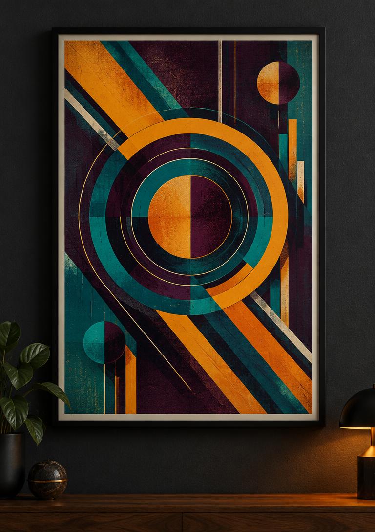 Framed geometric poster of concentric rings and diagonal bars in amber, teal and plum