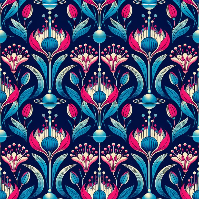 Repeat pattern of retro futurist flowers and planets in pink and blue on navy