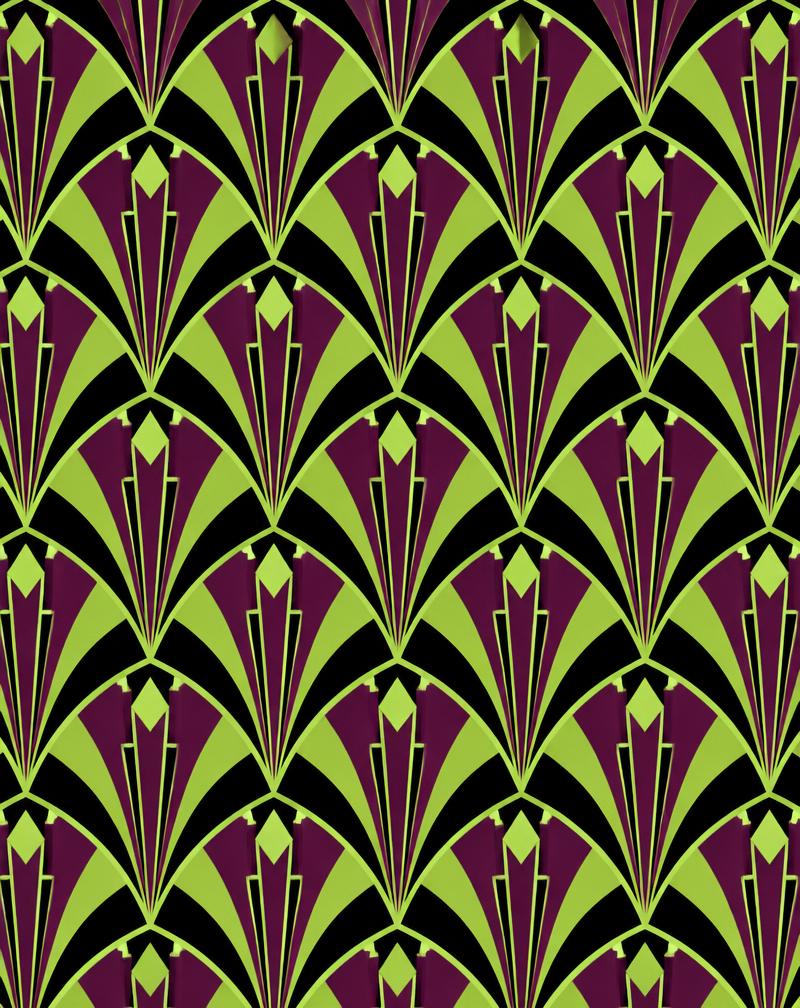 Art deco fan repeat pattern in lime, plum and black