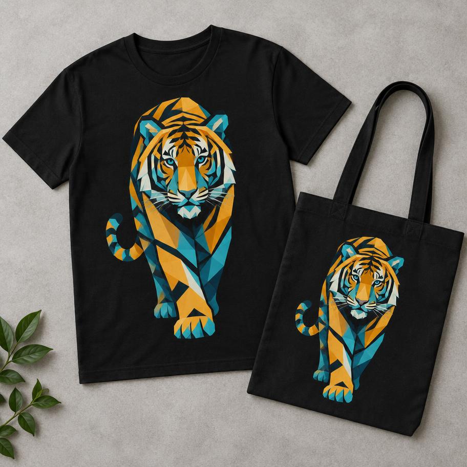 Black t-shirt and tote bag printed with a geometric amber and teal tiger